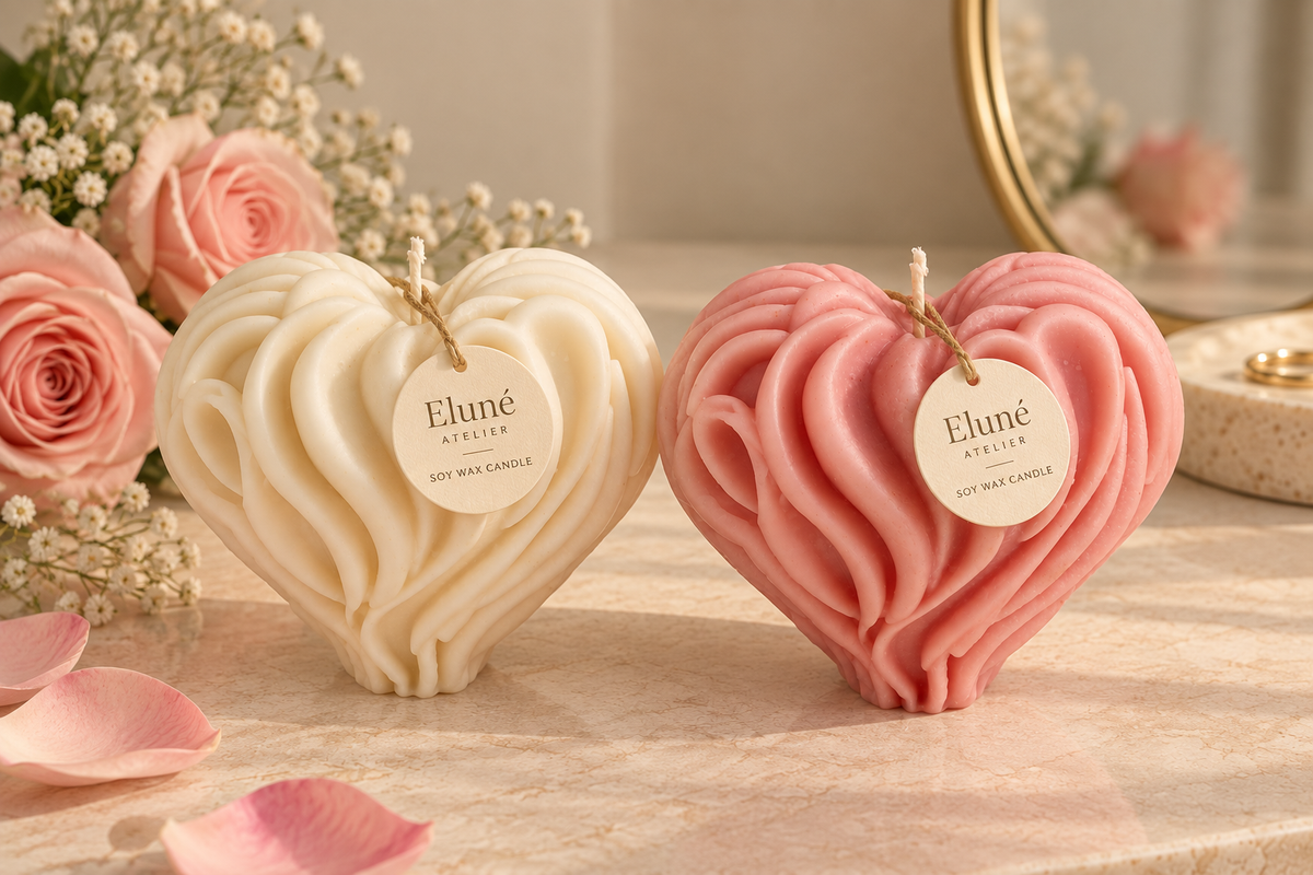 Two heart-shaped wax candles with textured swirls, one cream and one dusty pink, displayed on a marble surface with pink rose petals and flowers. Each candle has a hanging tag reading 'Eluné Scents'.
